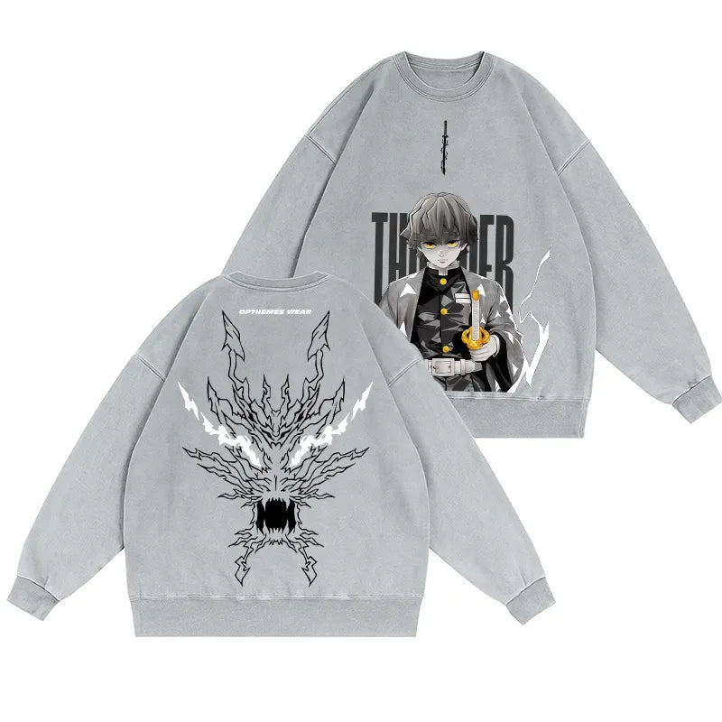 Zenitsu Demon Slayer Vintage Washed Pullover Crew Neck Sweatshirt